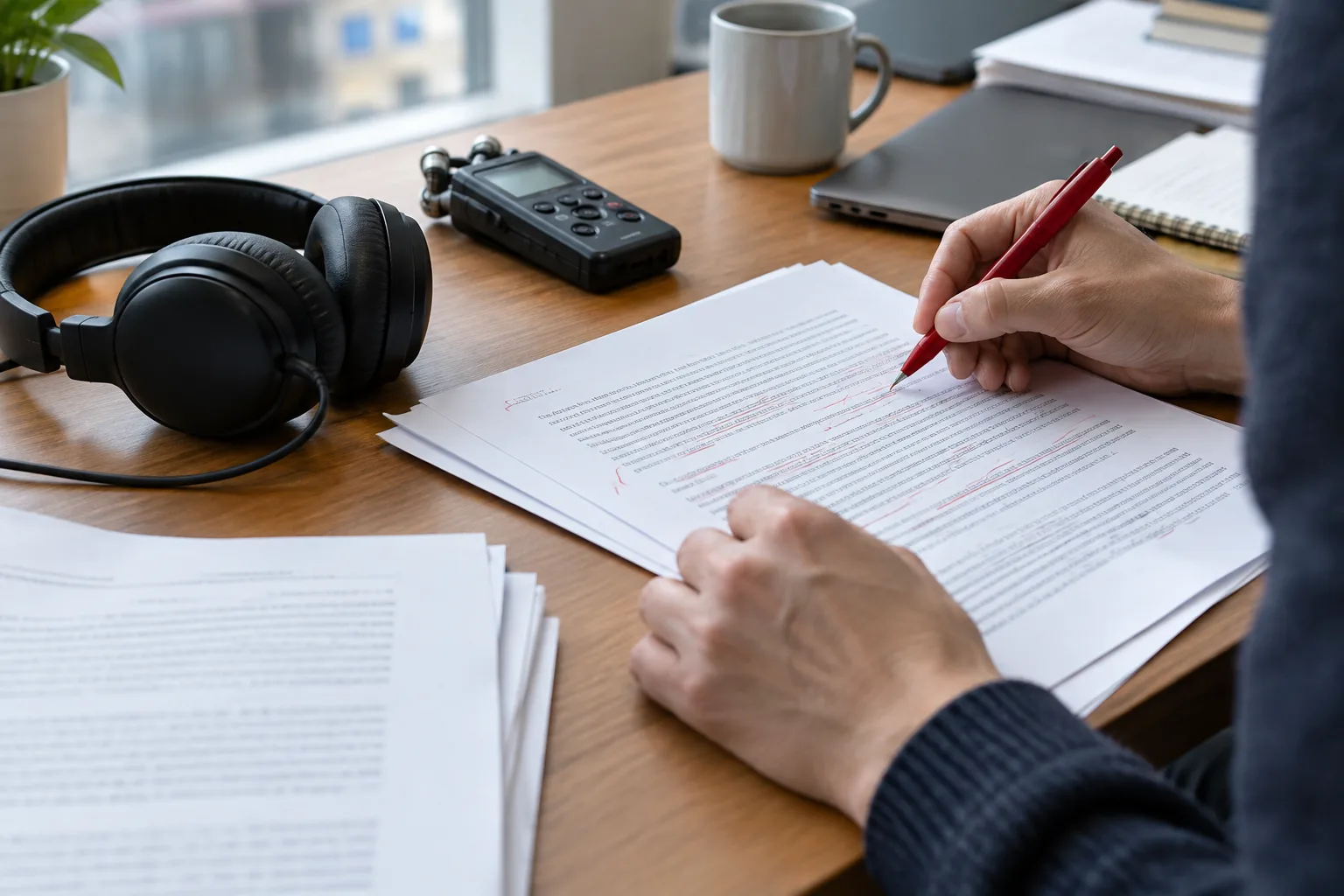 Des mains révisent des feuilles à côté d’un casque et d’un petit enregistreur audio.