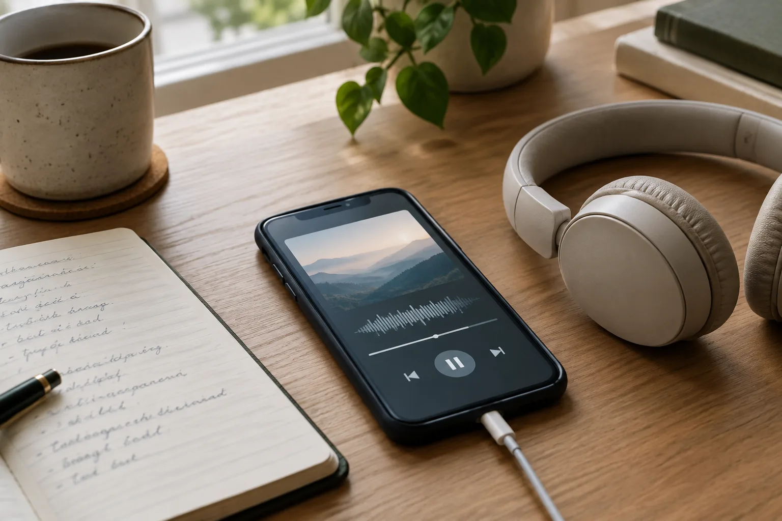 Un téléphone et un casque posés près d’un carnet sur un bureau, évoquant l’écoute d’un article.