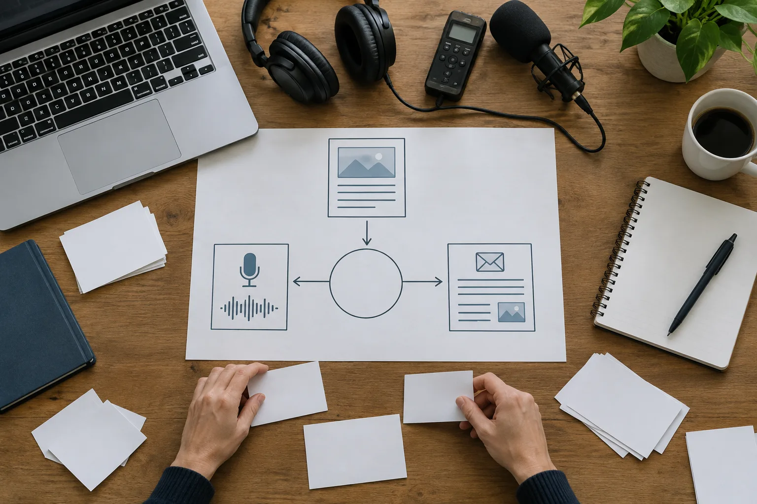 Des cartes vierges relient sur un bureau un article, un contenu audio et une newsletter.