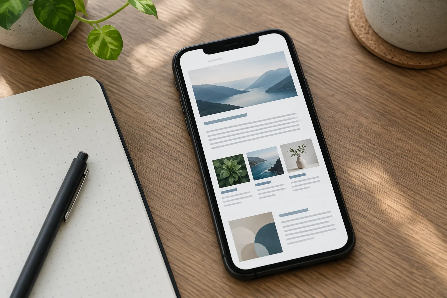 Un téléphone affiche une page d’article structurée en sections, à côté d’un carnet.