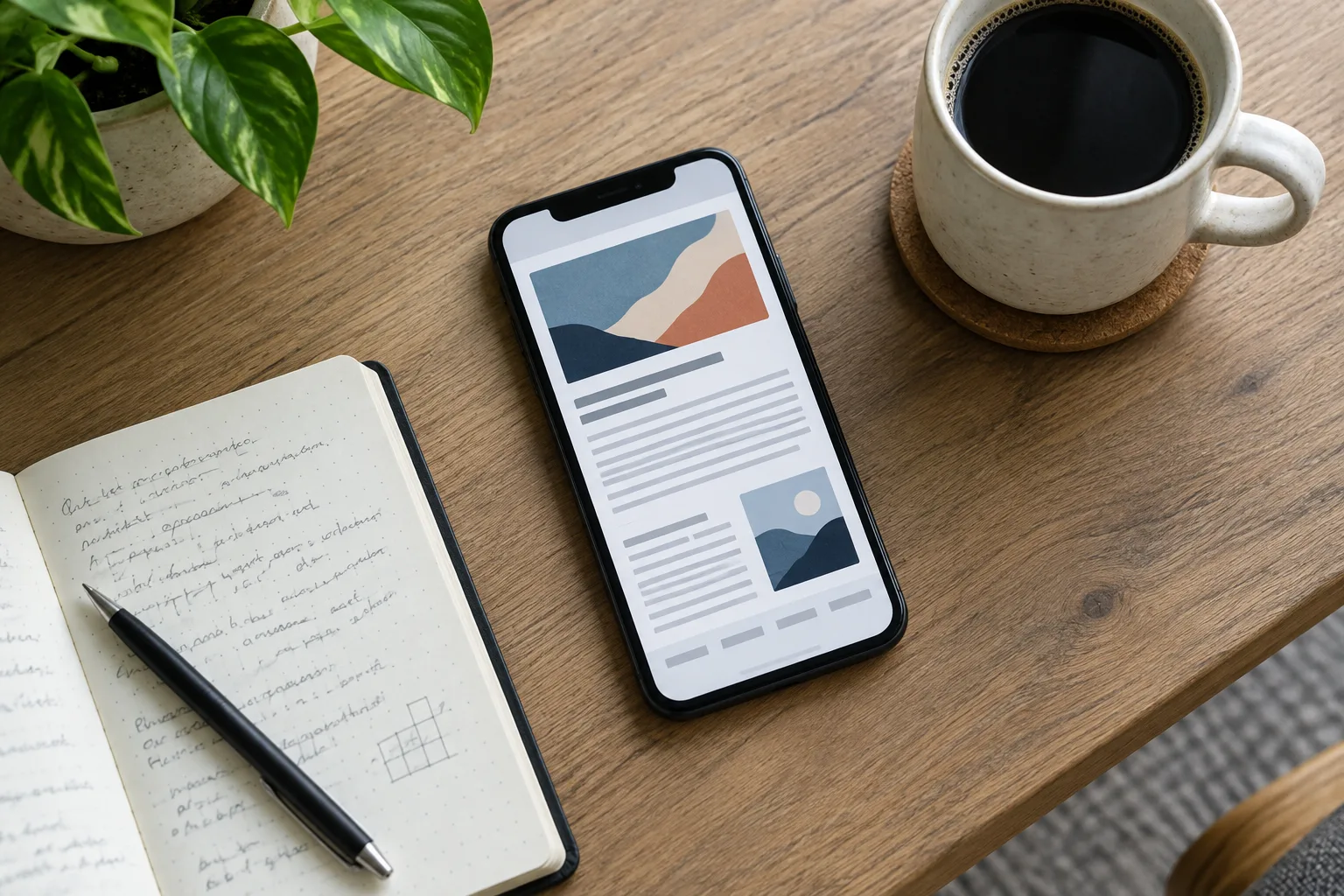 Un téléphone présentant une page d’article abstraite est posé près d’un carnet ouvert sur un bureau.