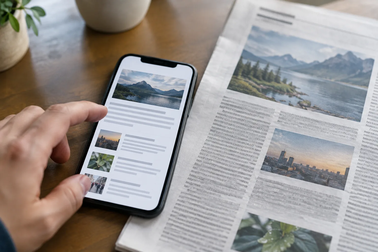 Une main s’apprête à ouvrir un article aperçu sur un téléphone, posé près d’un journal imprimé.