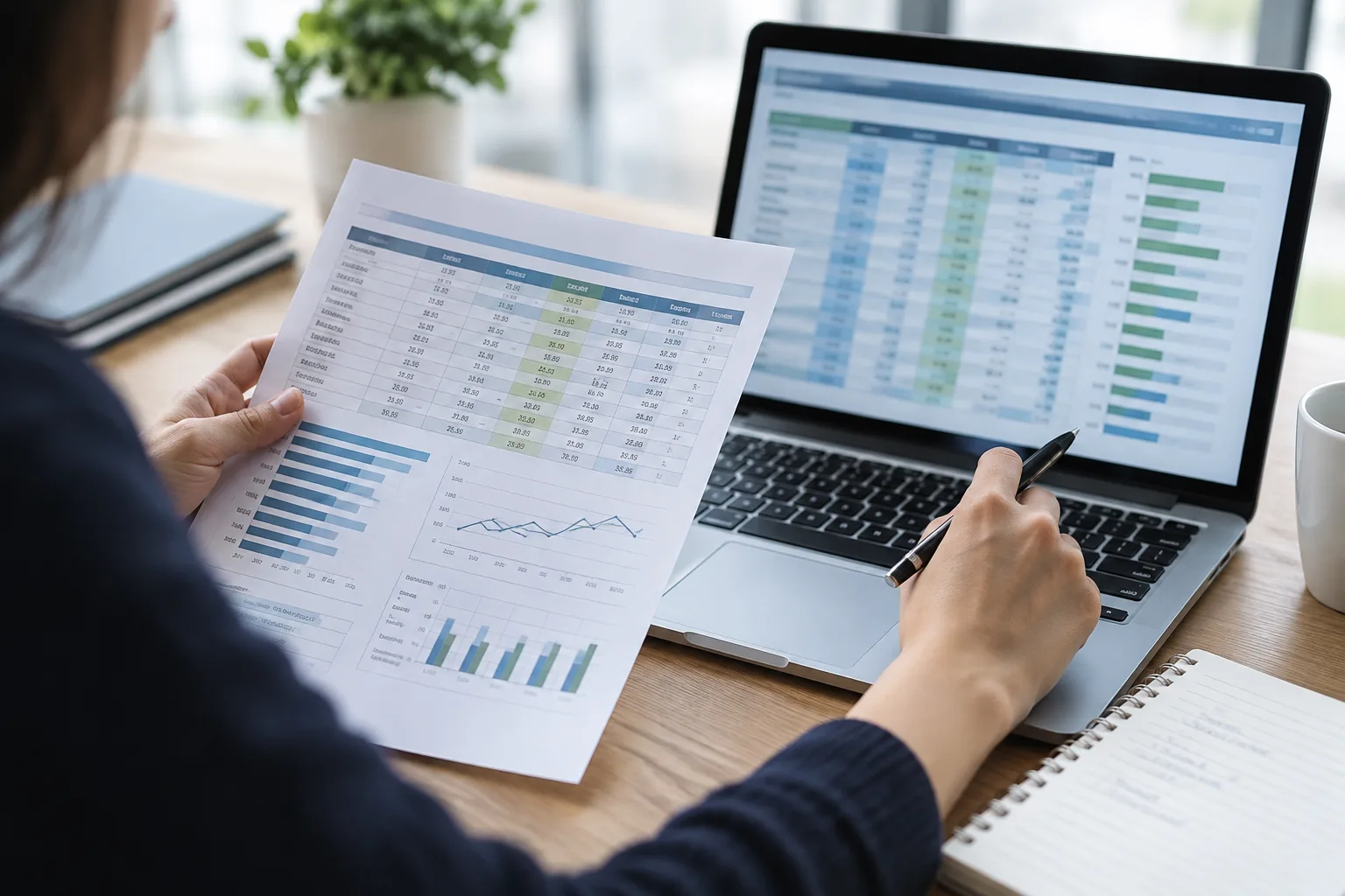 Des documents et un tableau de données sont comparés sur un bureau.