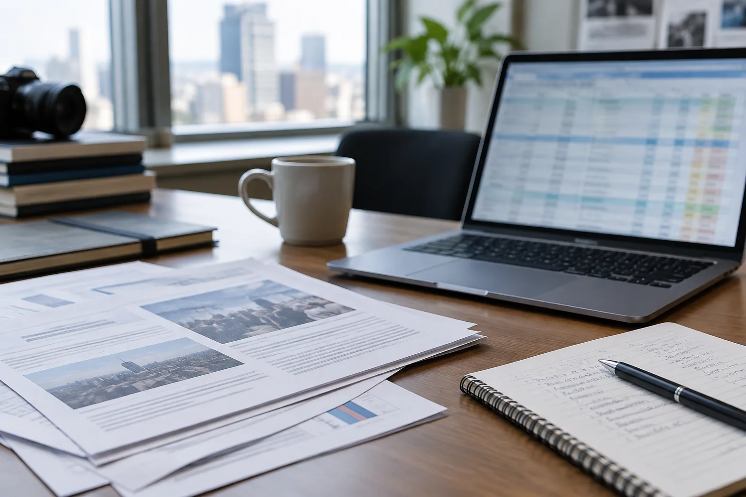 Documents annotés, carnet et ordinateur réunis sur un bureau de rédaction.