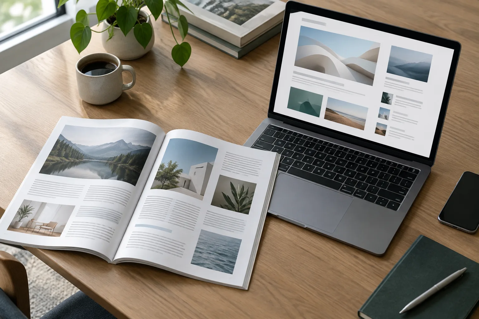 Un magazine posé près d’un ordinateur affichant une page d’accueil de média aux blocs de contenu indistincts.