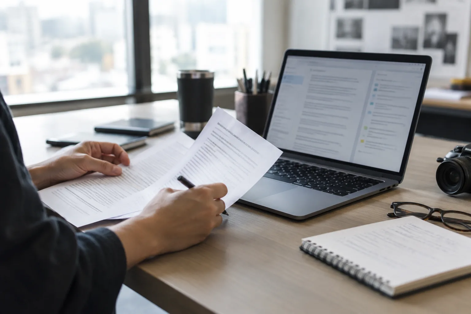Des notes imprimées et un ordinateur portable sur un bureau de rédaction.