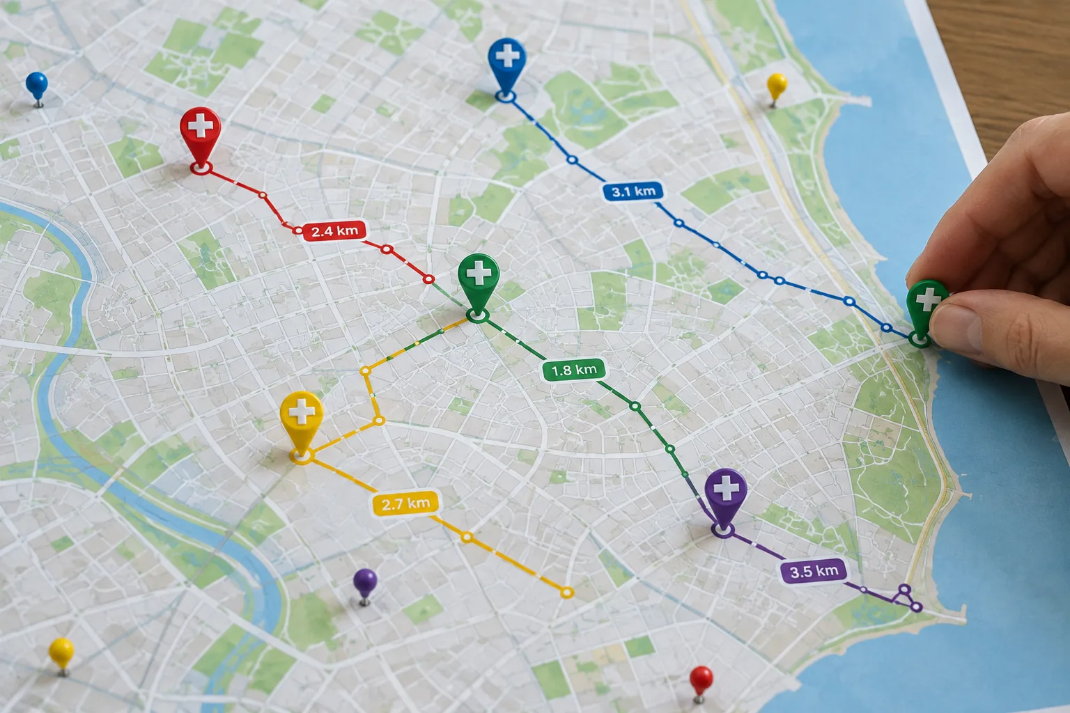 Des marqueurs et des itinéraires relient des quartiers à différents points d’une carte.