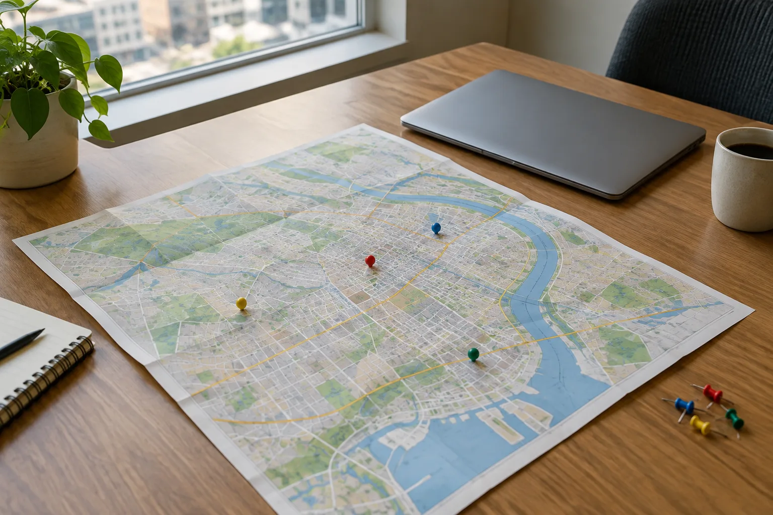 Une carte de ville dépliée sur un bureau, accompagnée de marqueurs colorés.