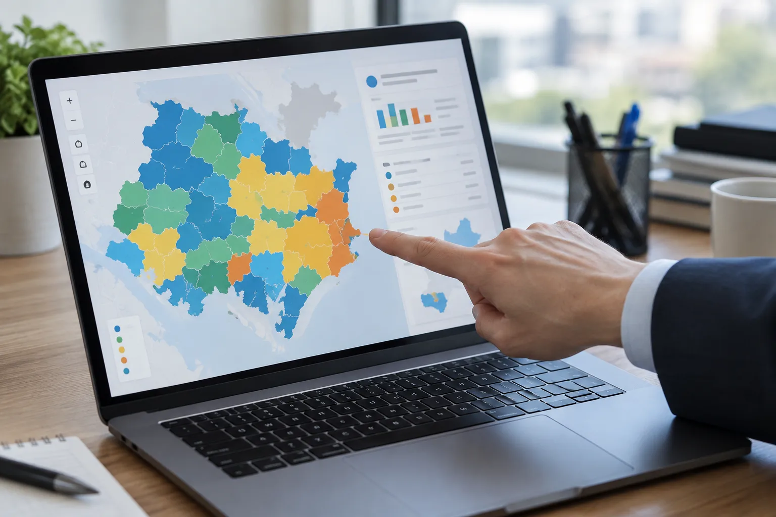 Une main désigne une zone colorée sur une carte électorale affichée à l’écran.