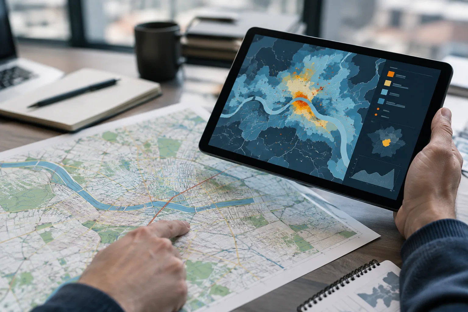 Une main compare une carte papier à une visualisation géographique sur une tablette.