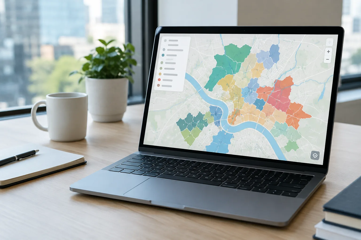 Un ordinateur portable affiche une carte composée de zones colorées sur un bureau.
