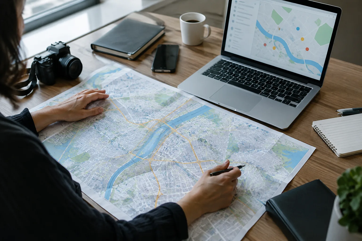 Une carte papier et un ordinateur affichant une interface cartographique sur un bureau de rédaction.