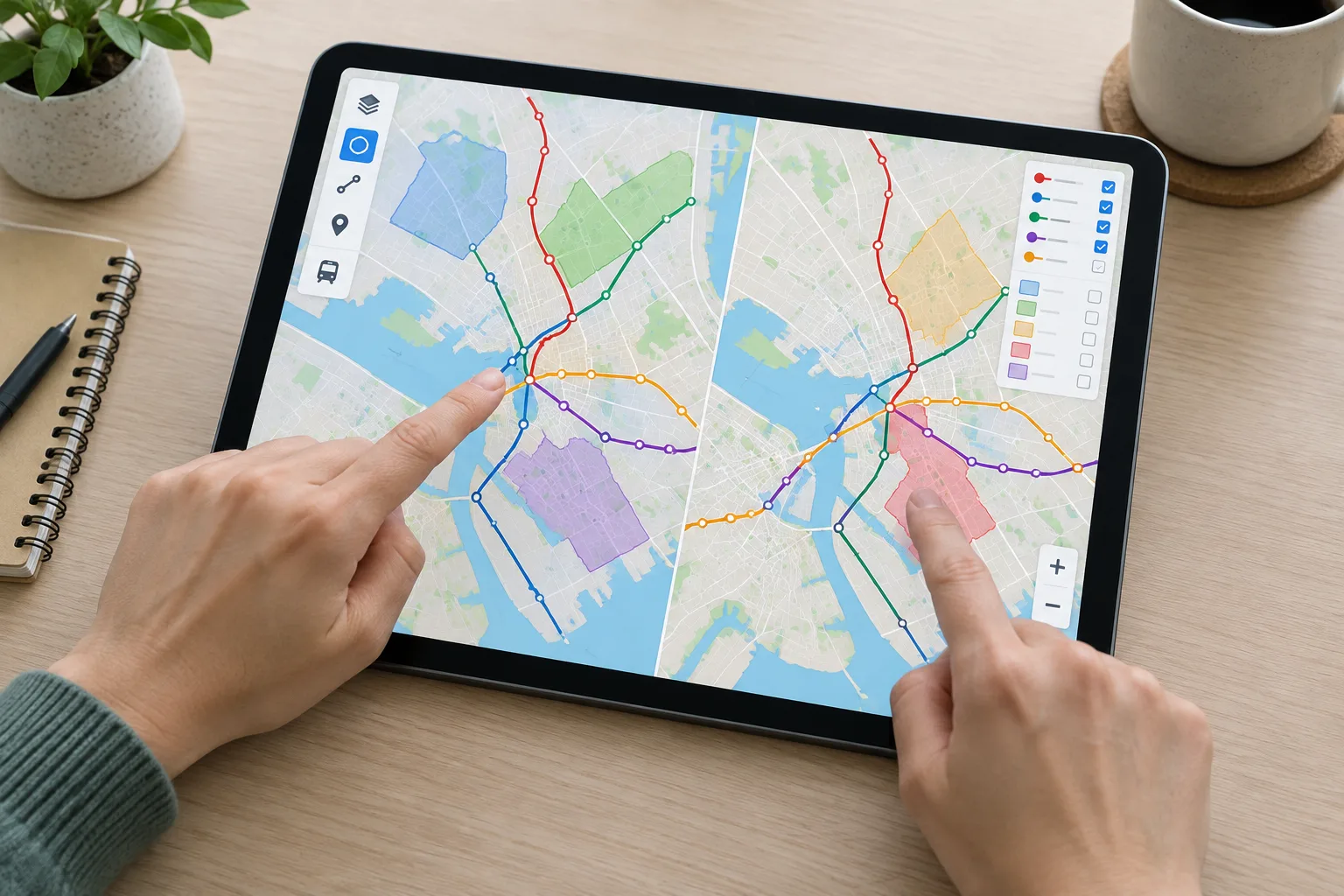 Une main compare des itinéraires et des quartiers sur une carte affichée sur une tablette.