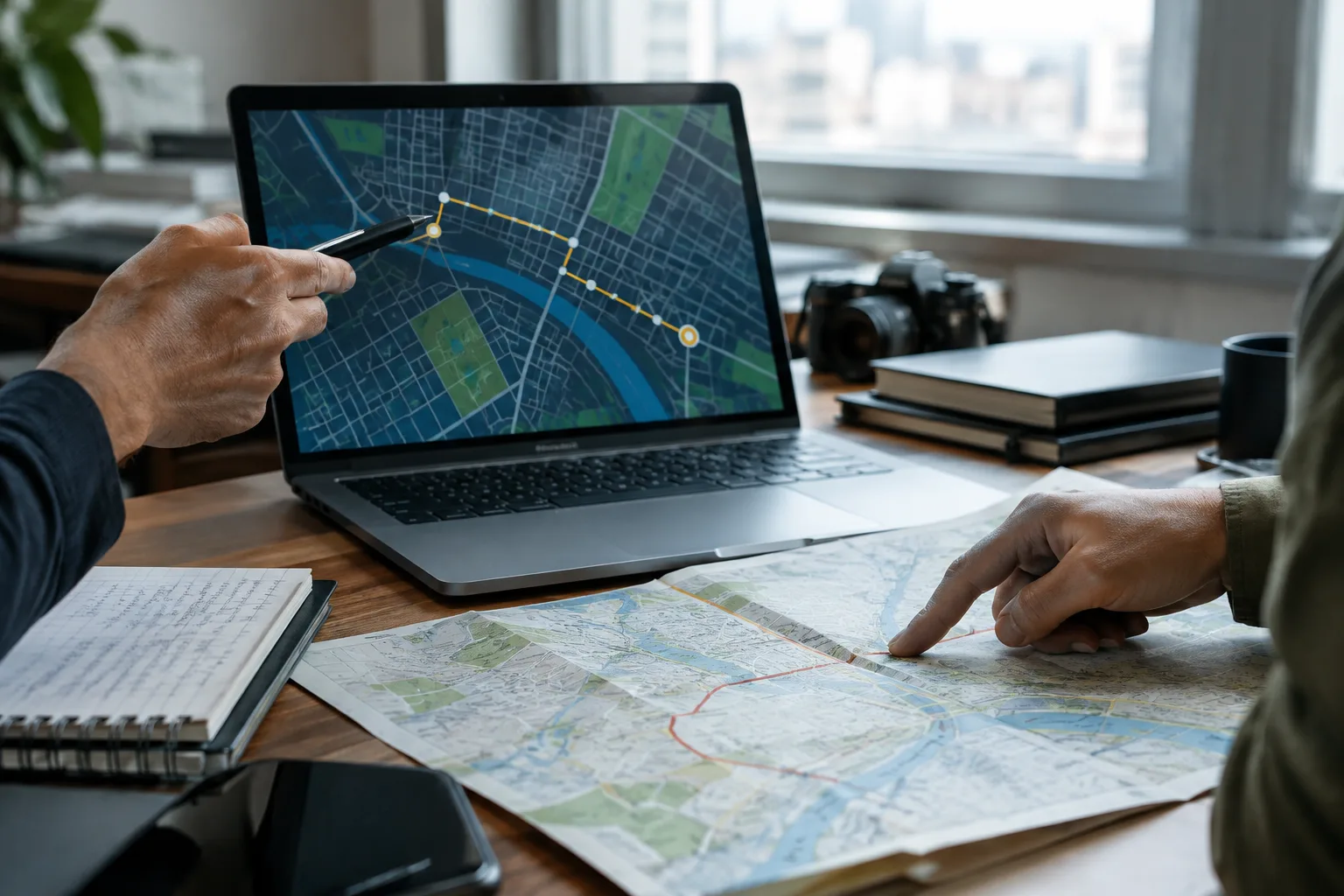 Un ordinateur affiche une carte urbaine à côté d’une carte papier dépliée.
