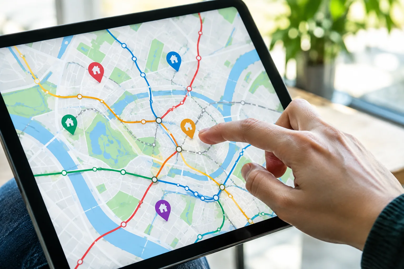 Une main sélectionne un secteur sur une carte de transports affichée sur une tablette.