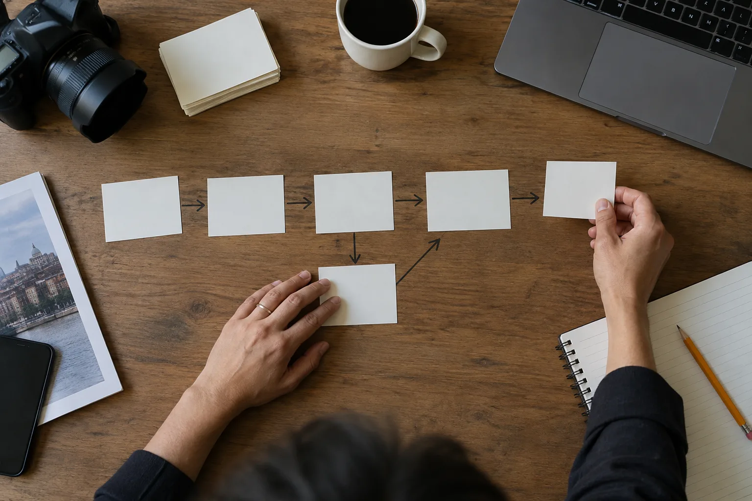Des mains organisent des cartes vierges en étapes sur un bureau.