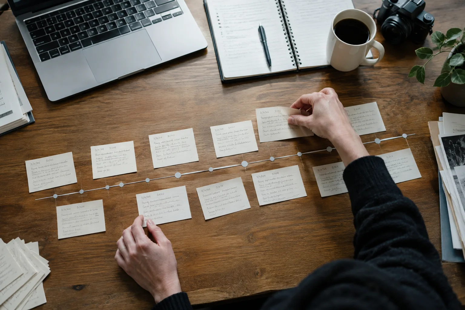 Des cartes disposées sur un bureau pour organiser les étapes d’une actualité.