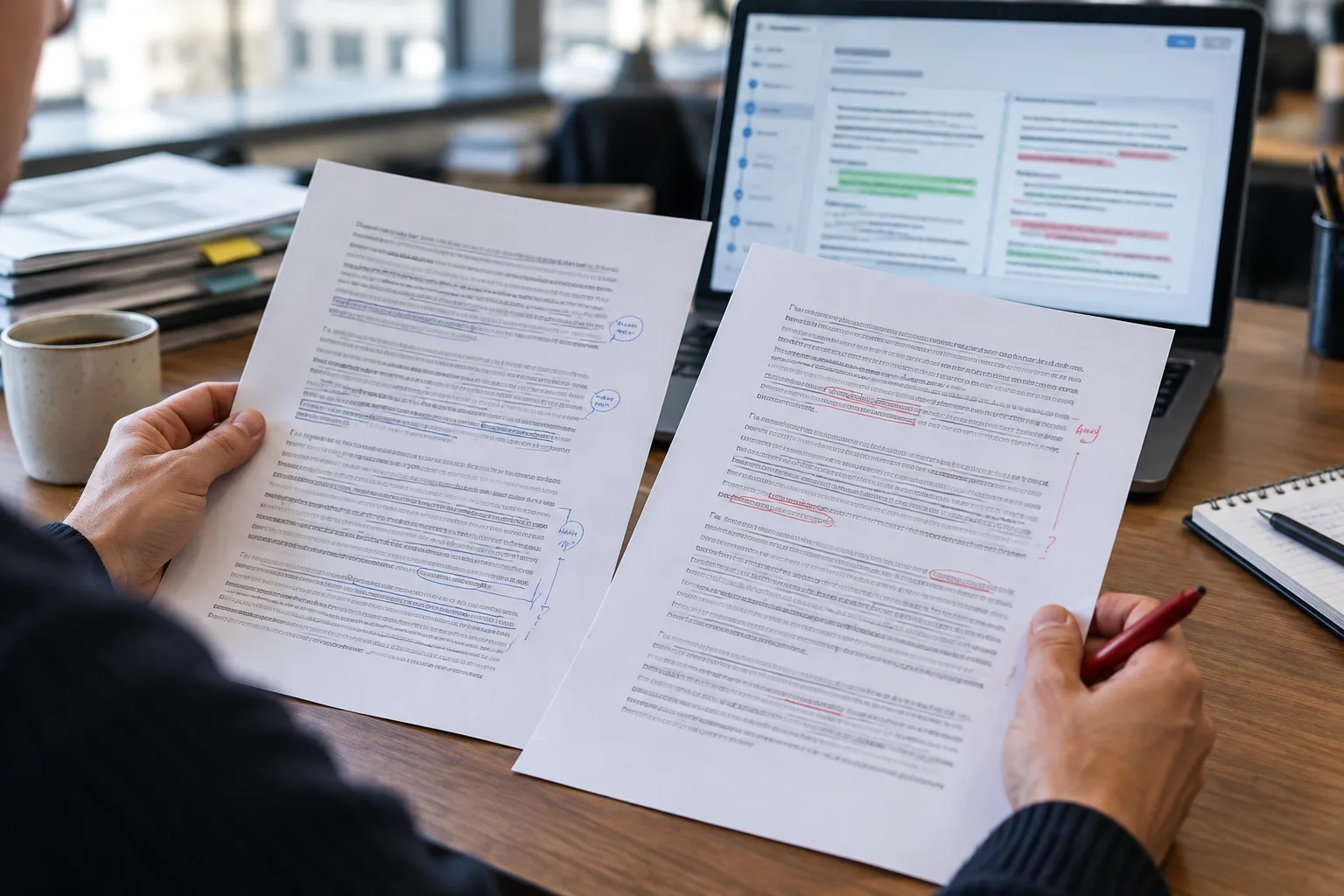 Des épreuves d’article comparées à côté d’un ordinateur affichant un historique de versions.