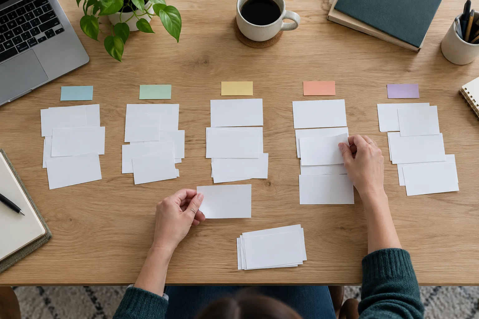 Des mains regroupent des fiches vierges en plusieurs ensembles sur une table.