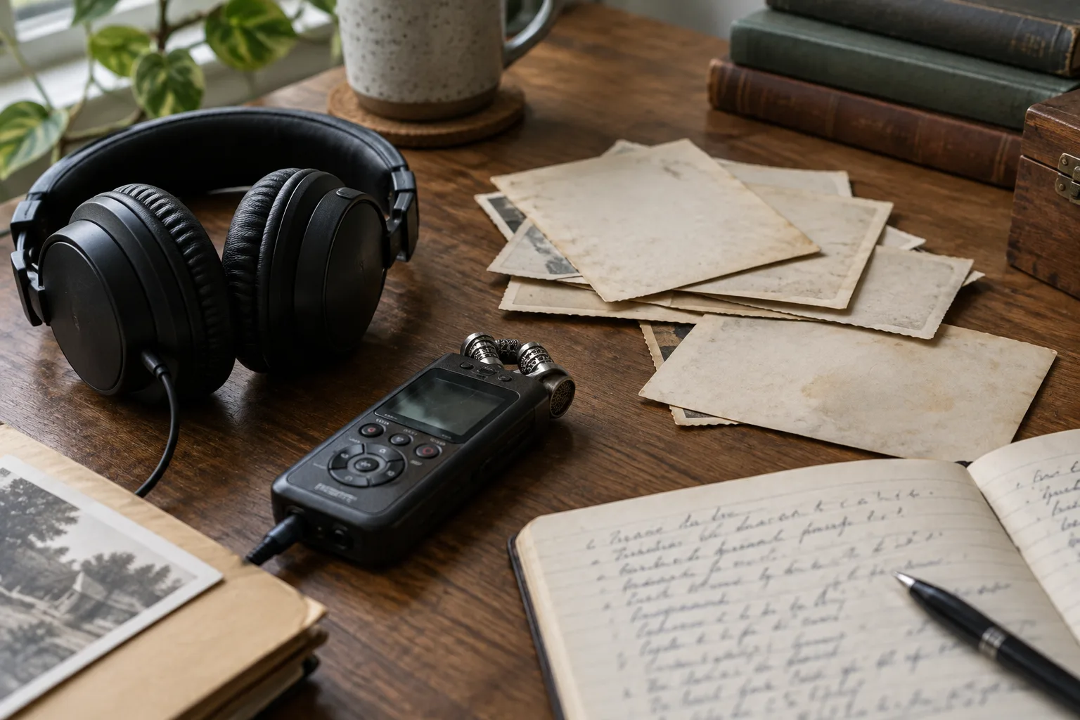 Un casque audio et un enregistreur près de photographies d’archives et de notes manuscrites.
