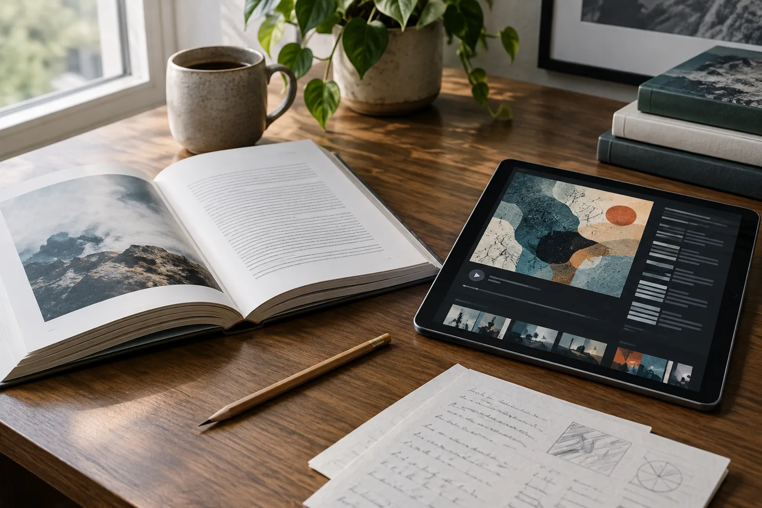 Un livre ouvert et une tablette posés sur un bureau, accompagnés d’un crayon et de notes.