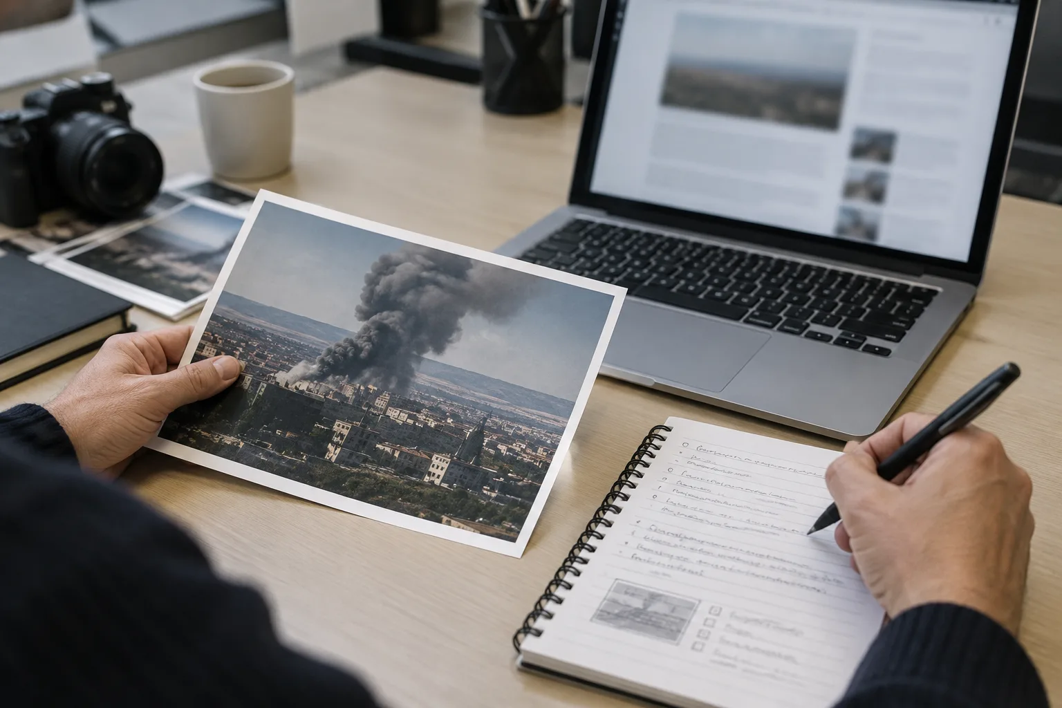 Des mains comparent une photographie imprimée à des notes sur un bureau de rédaction.