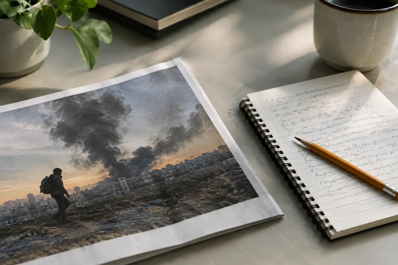 Une photographie imprimée posée près d’un carnet et d’un crayon sur un bureau de rédaction.