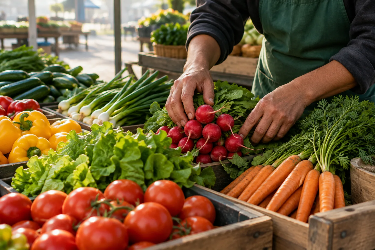 Des mains disposent des légumes frais sur un étal de marché éclairé par la lumière du matin.
