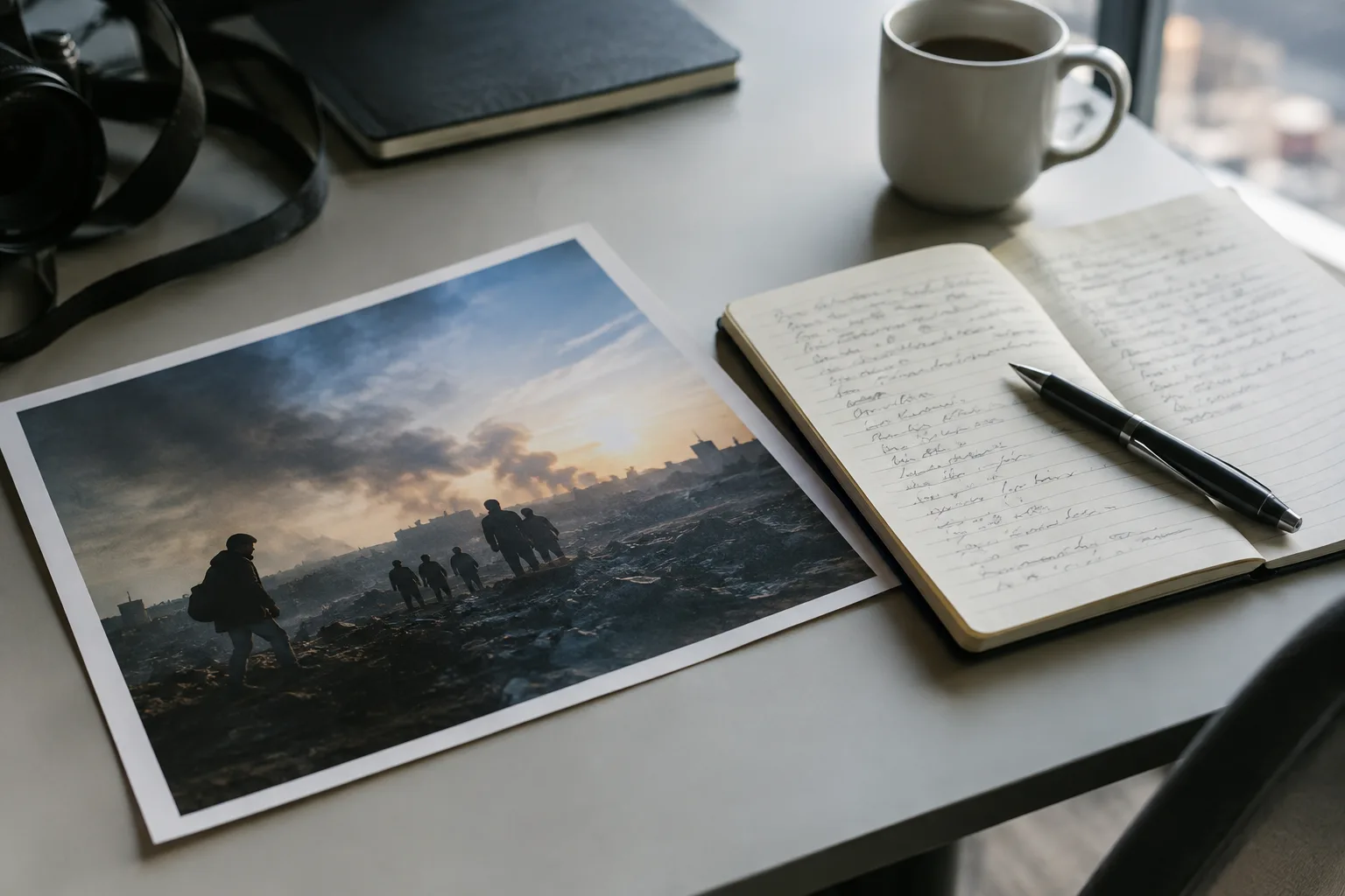 Un carnet et un stylo sont posés à côté d’une photographie imprimée sur un bureau.