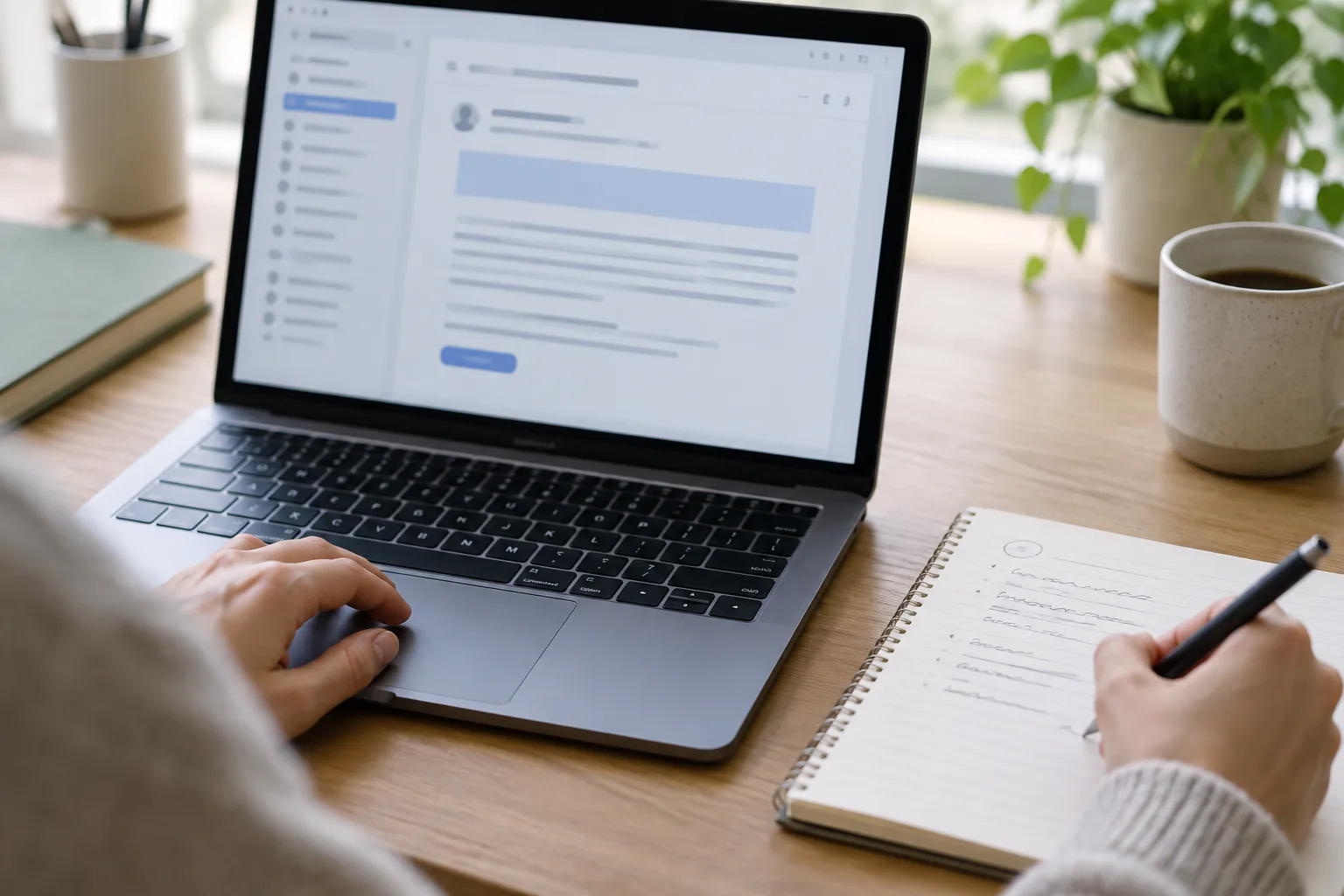 Une main prend des notes près d’un ordinateur affichant une mise en page de courriel.