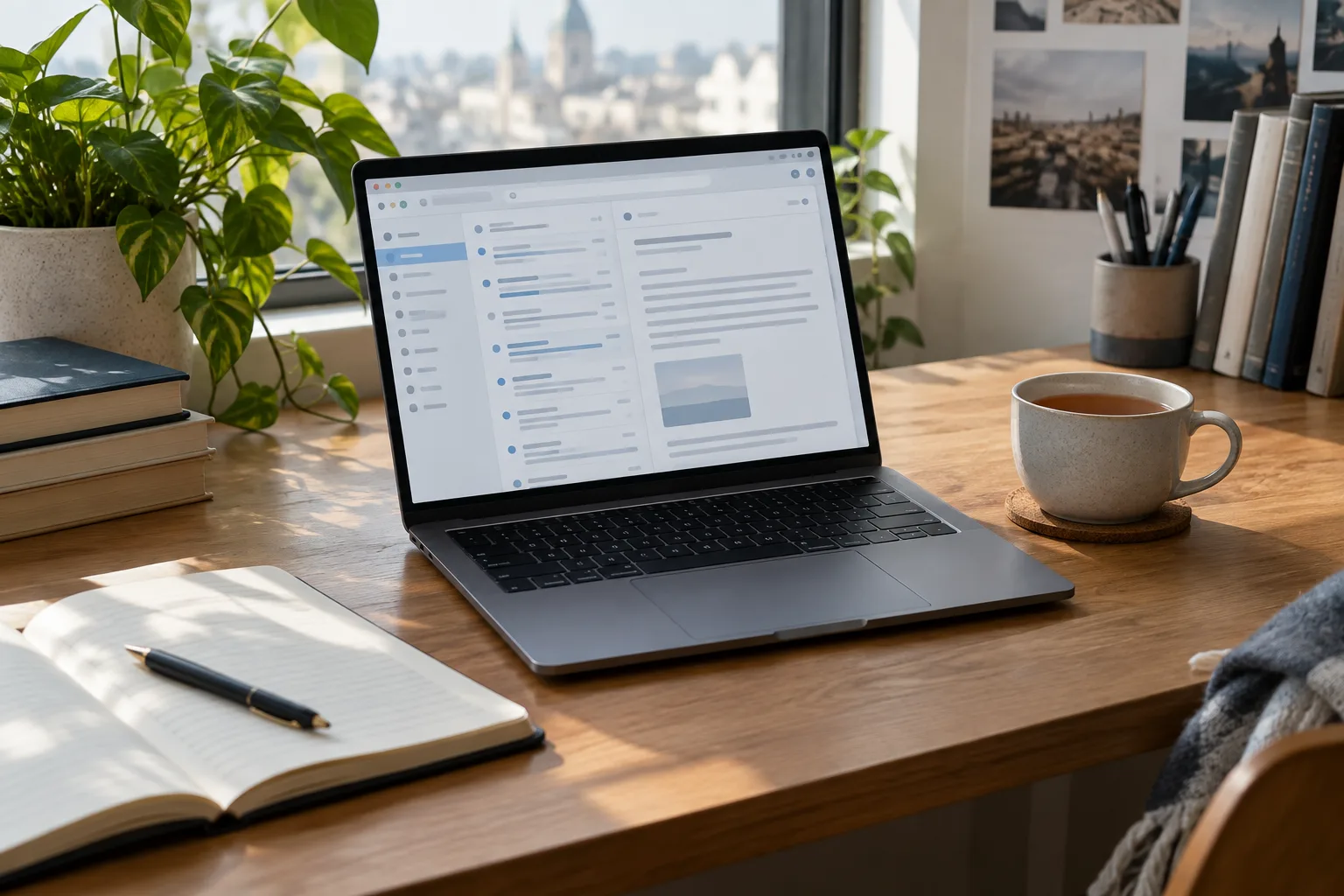 Un ordinateur ouvert sur une mise en page de courriel, accompagné d’un carnet et d’une tasse.