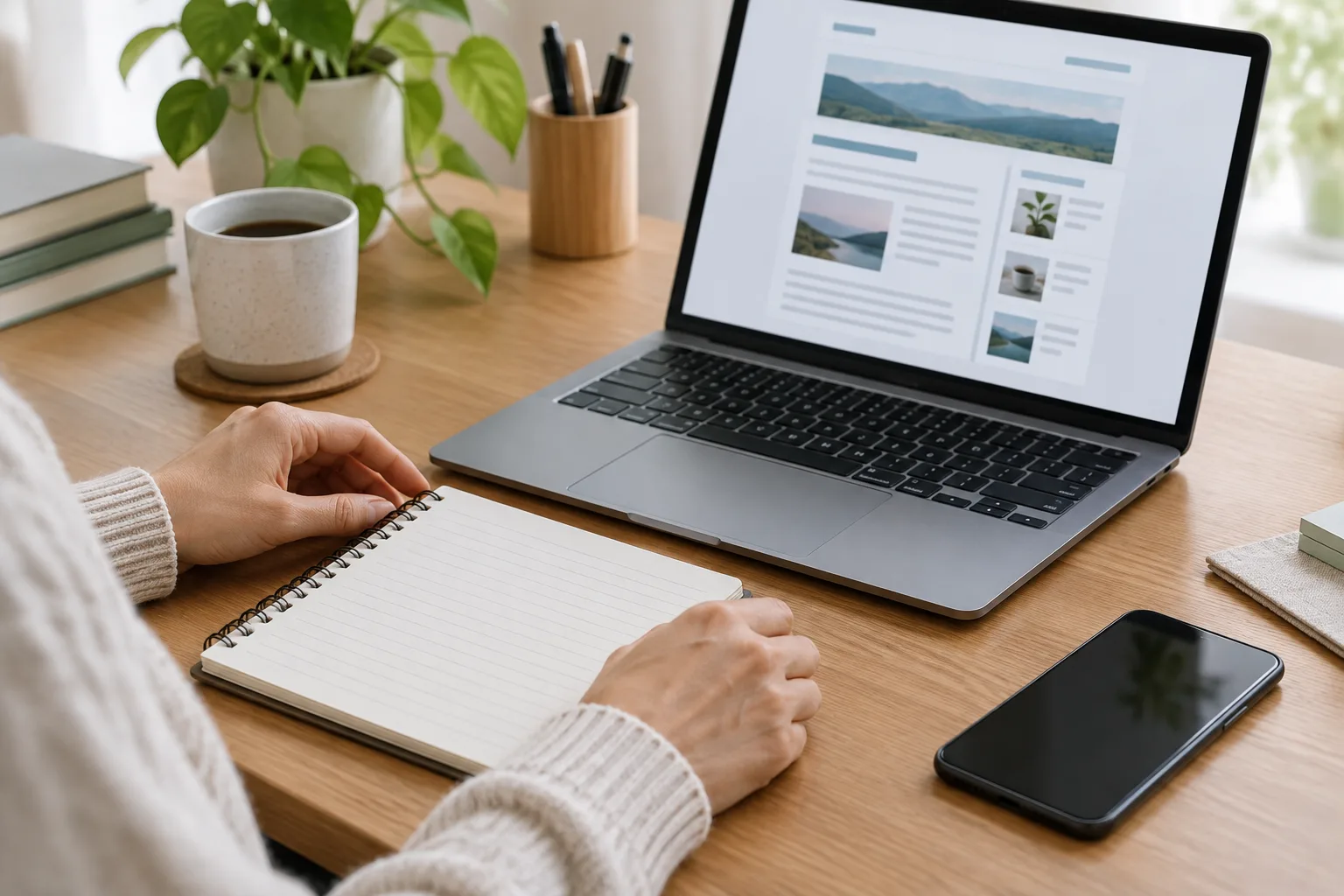 Un carnet, un téléphone et un ordinateur réunis autour de la préparation d’une newsletter.