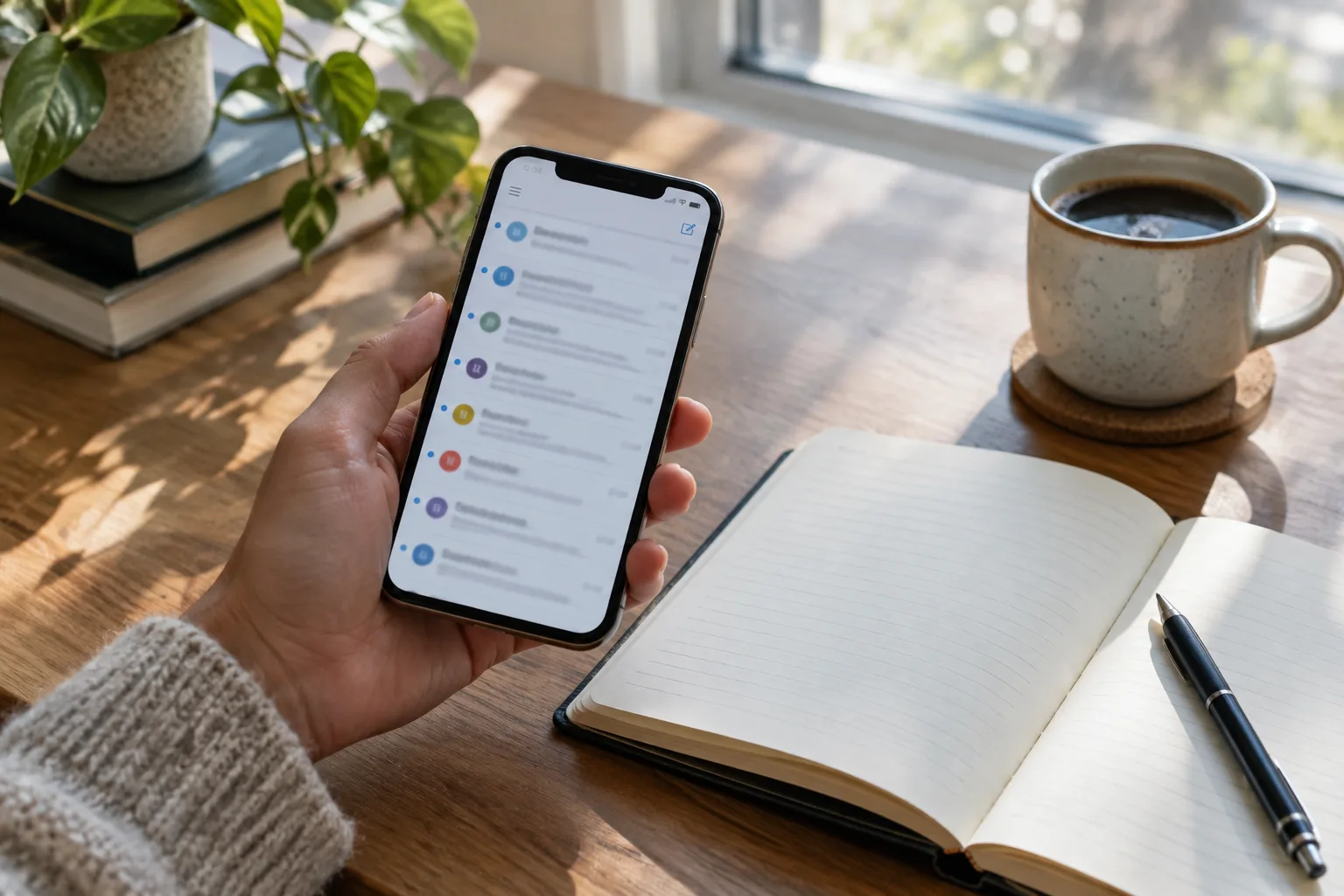 Un smartphone posé près d’un carnet ouvert sur un bureau éclairé par la lumière du matin.