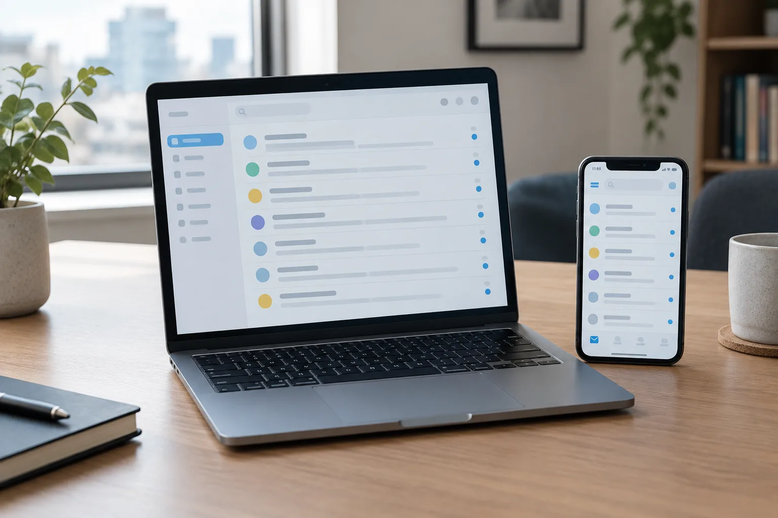 Un ordinateur portable et un téléphone affichent des interfaces de courrier électronique sur un bureau éclairé par la lumière du jour.