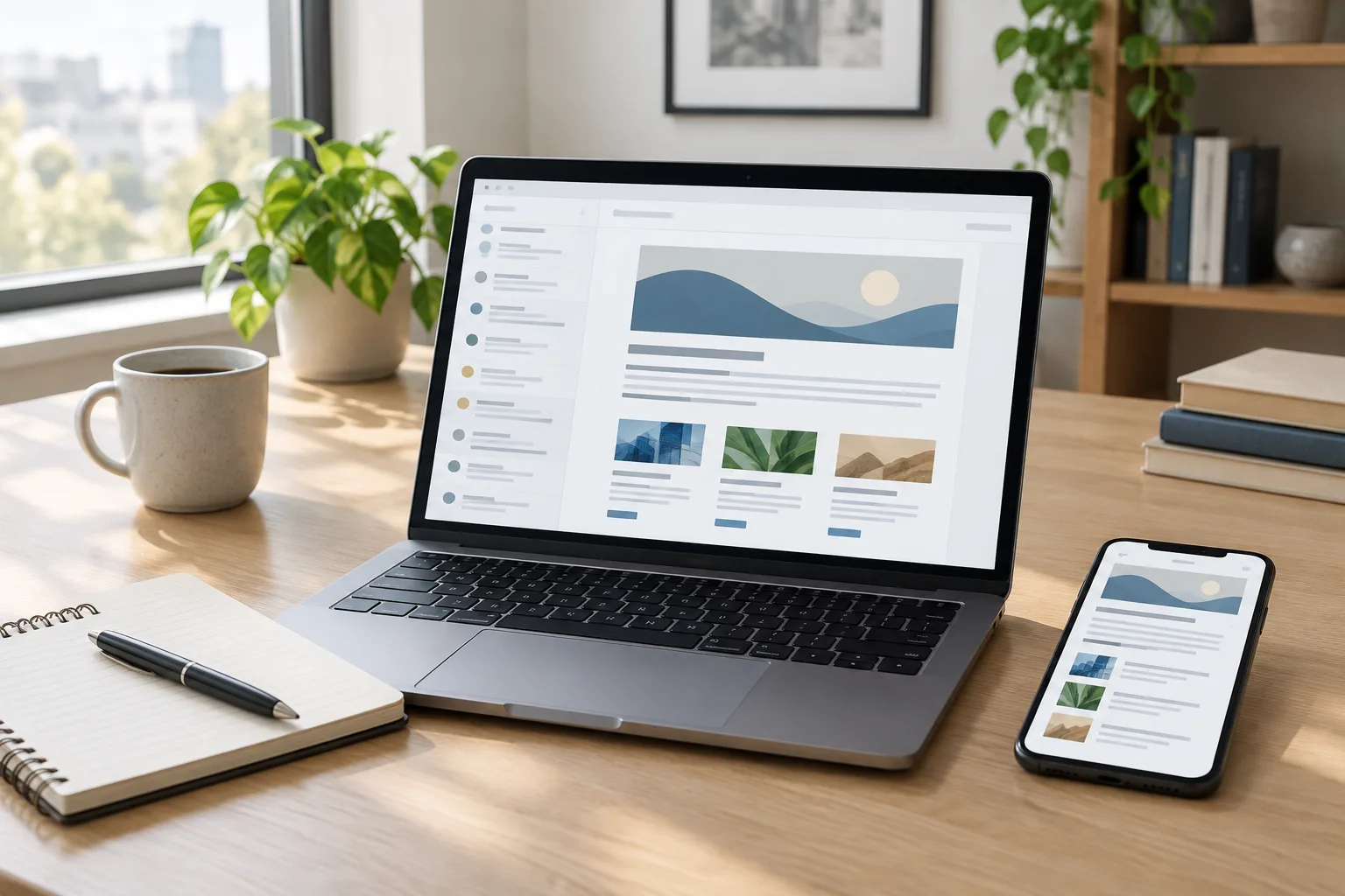 Un ordinateur portable et un téléphone affichent une mise en page de newsletter sur un bureau.