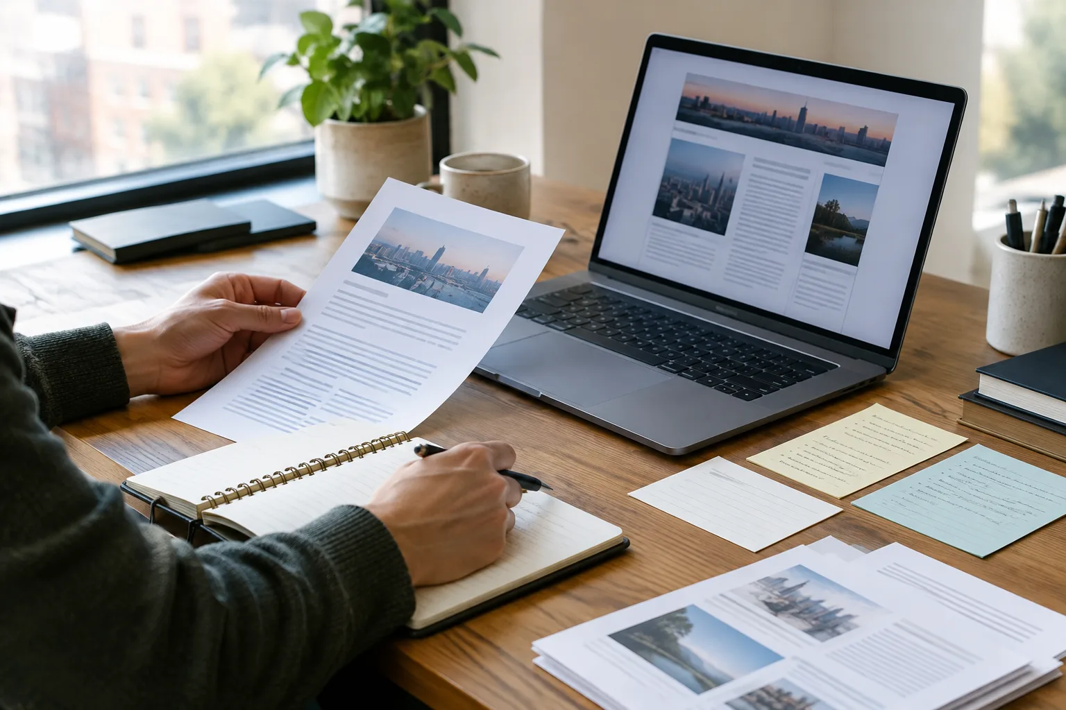 Un bureau de rédaction avec un ordinateur, un carnet et des notes préparés pour concevoir une newsletter.