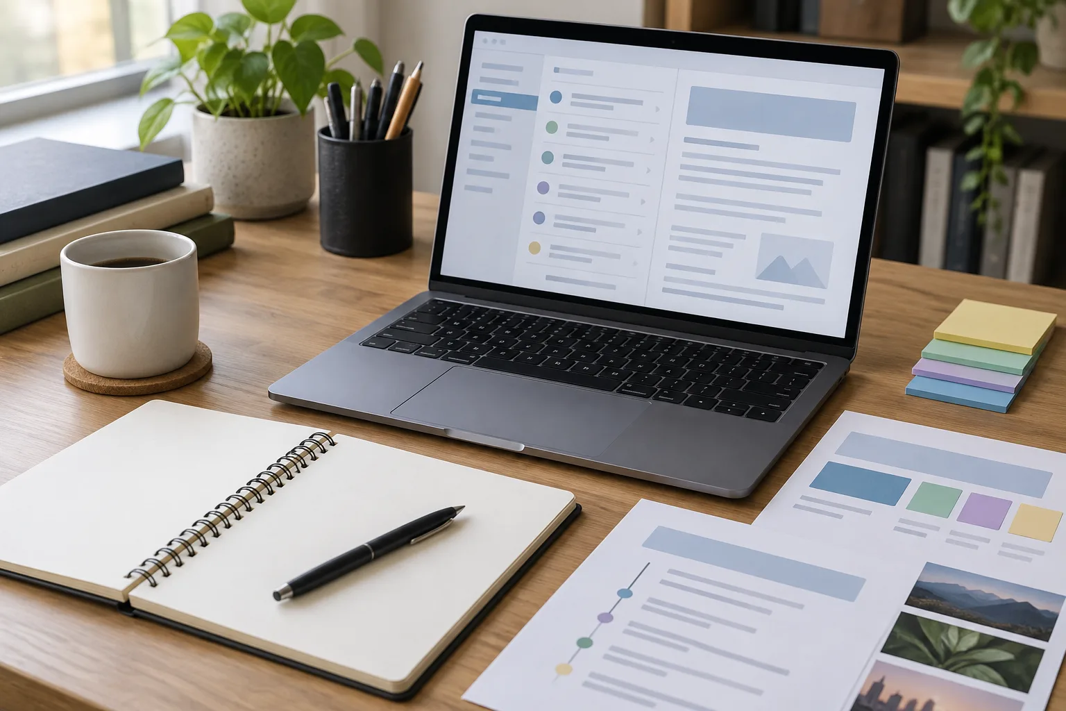 Un ordinateur et un carnet sur un bureau évoquent la préparation d’une newsletter.