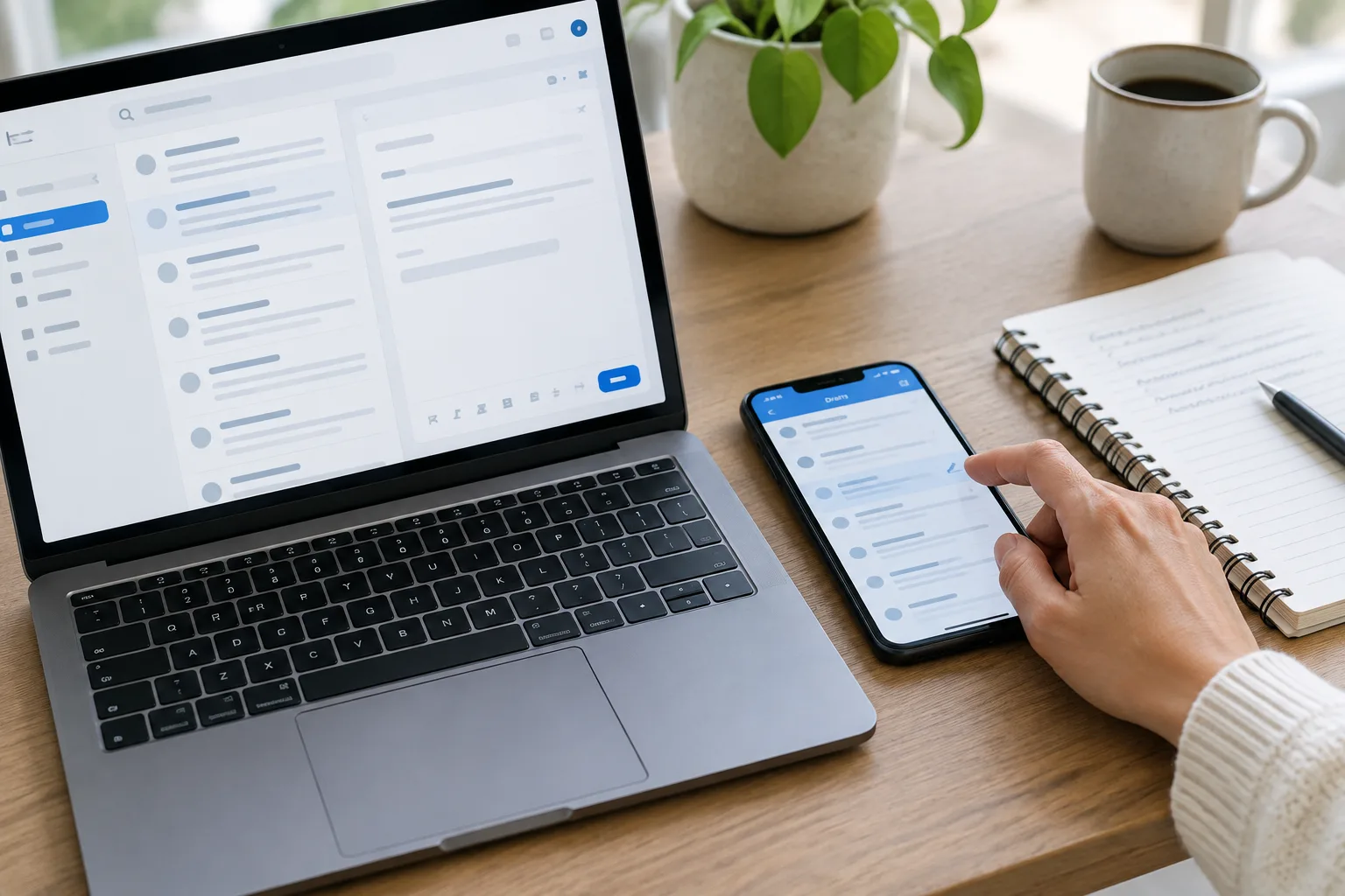Un ordinateur et un téléphone affichent des interfaces de messagerie sans texte lisible, à côté d’un carnet.