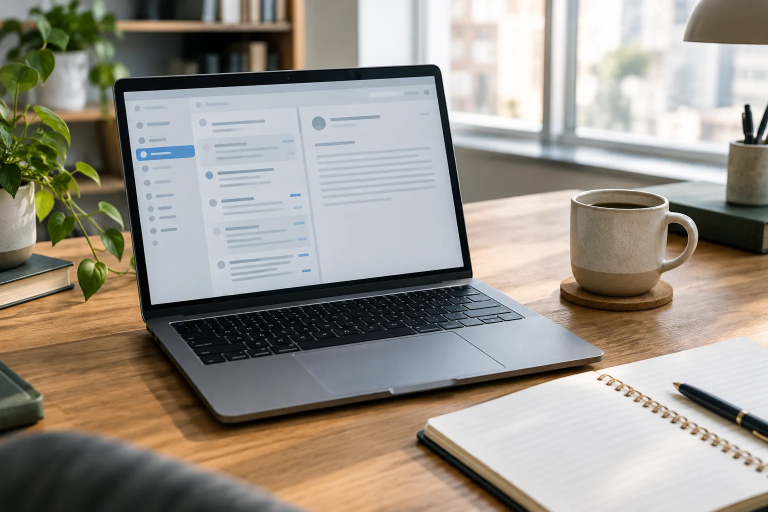Un ordinateur ouvert sur une mise en page de courriel, près d’un carnet et d’une tasse.
