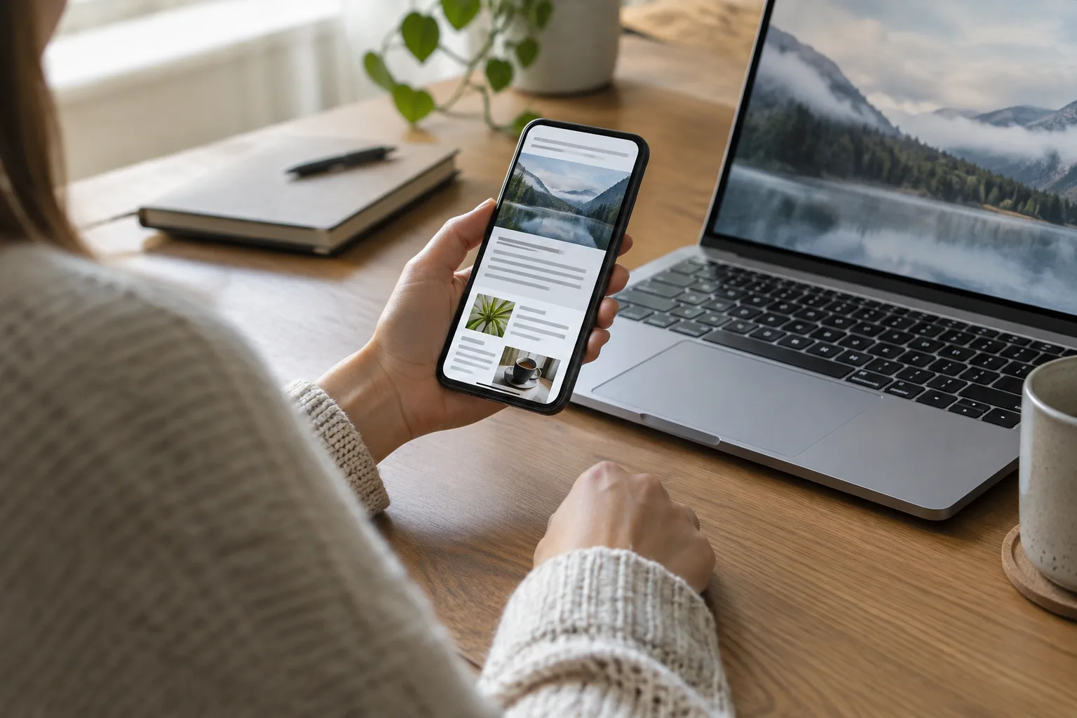 Une personne consulte une newsletter sur son téléphone, près d’un ordinateur portable.