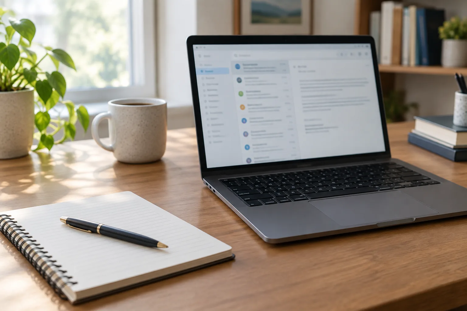 Un ordinateur ouvert sur une mise en page floue de newsletter, accompagné d’un carnet et d’un stylo.