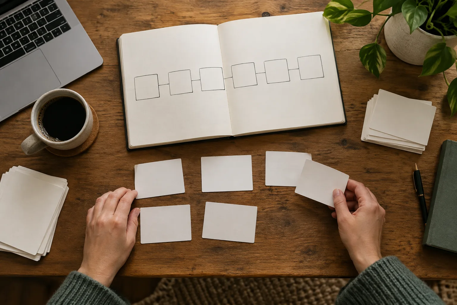 Des cartes vierges disposées en séquence sur un bureau pour préparer plusieurs éditions d’une newsletter.