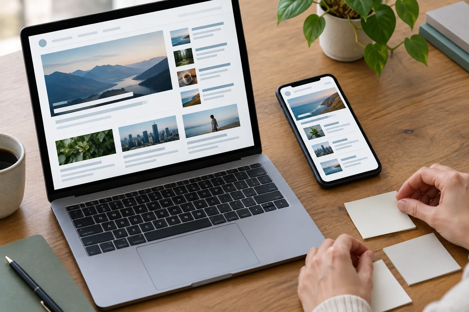 Un ordinateur et un téléphone présentent une newsletter organisée autour d’un sujet principal et de contenus secondaires.