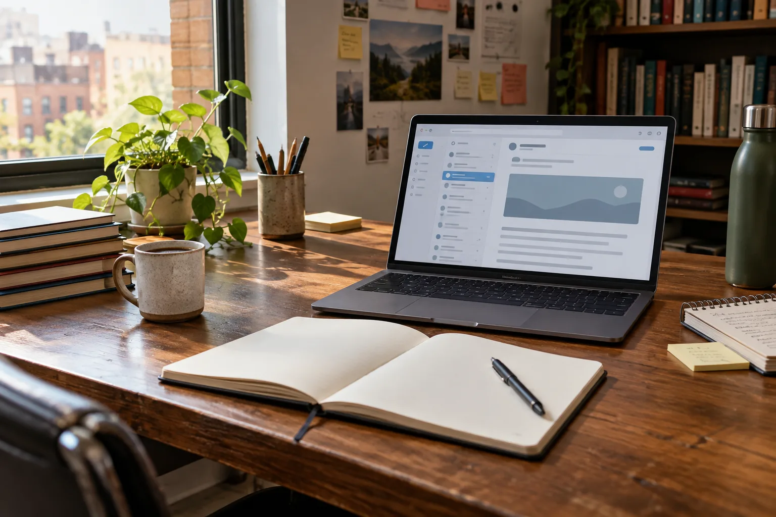 Un carnet et un ordinateur posés sur un bureau de rédaction, prêts à organiser une série de newsletters.
