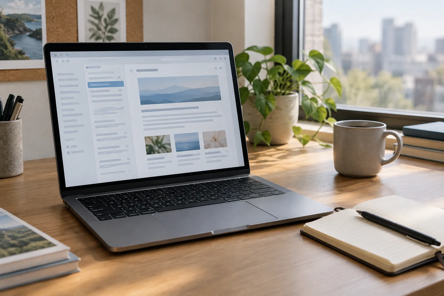 Un ordinateur portable affichant une mise en page de newsletter composée de blocs sans texte lisible.