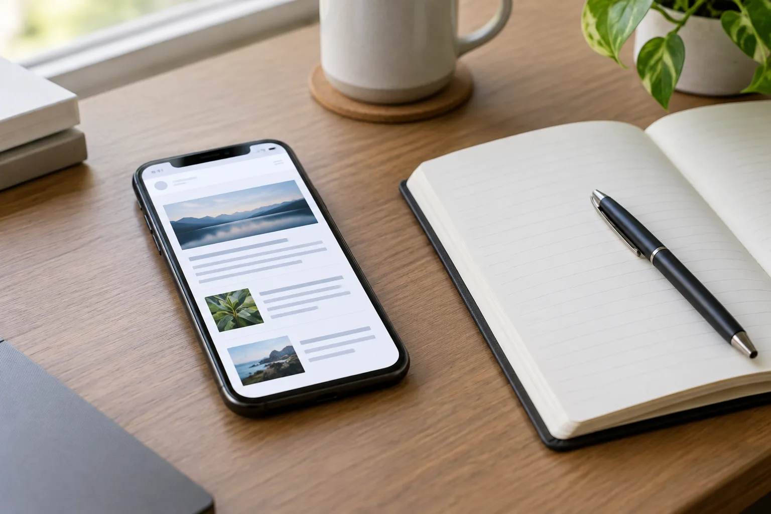Un téléphone affichant une mise en page de newsletter se trouve près d’un carnet ouvert.