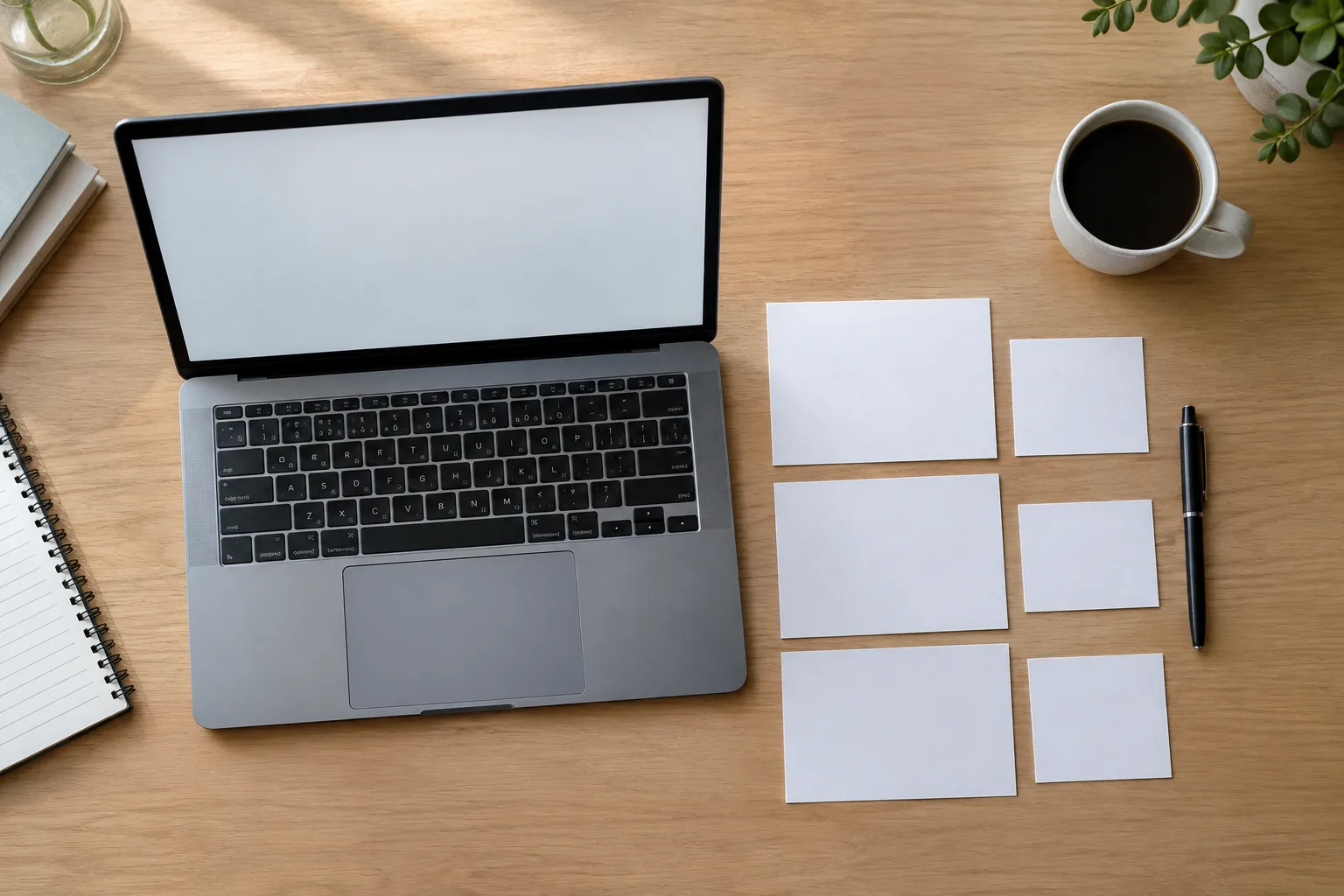 Un ordinateur et des cartes vierges disposés sur un bureau pour préparer une newsletter.