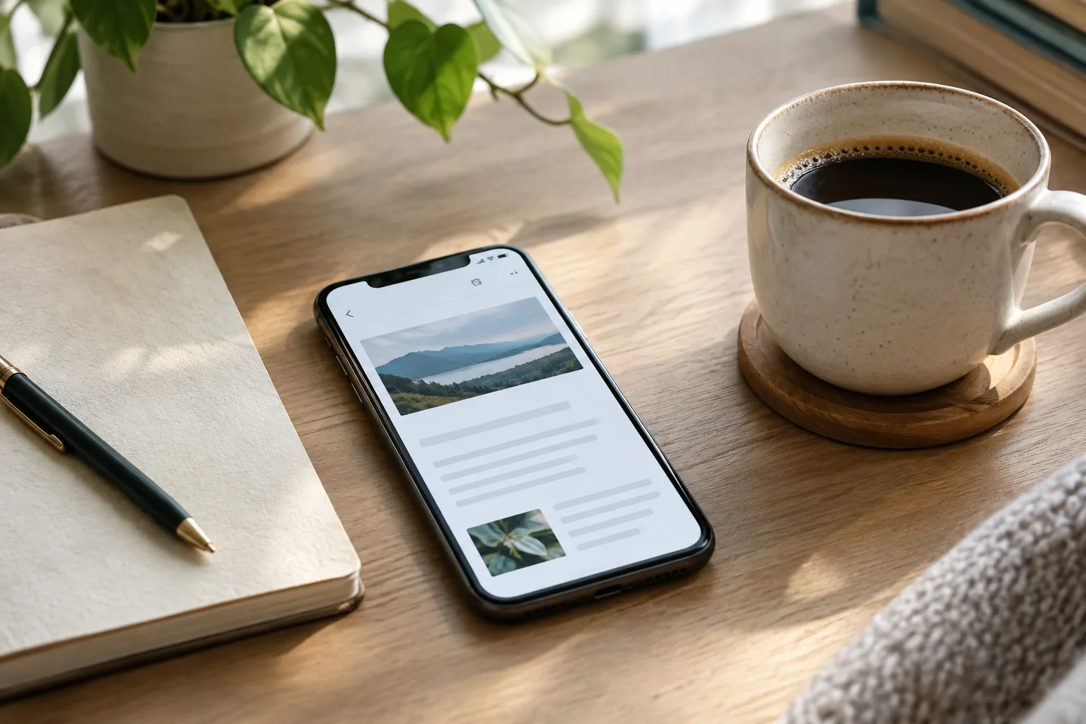 Un téléphone posé près d’un carnet et d’une tasse sur un bureau lumineux.