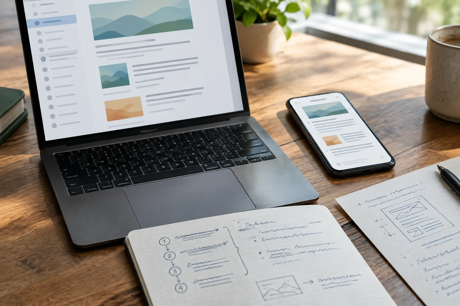 Un ordinateur et un téléphone affichent des mises en page de courriels à côté de notes éditoriales.