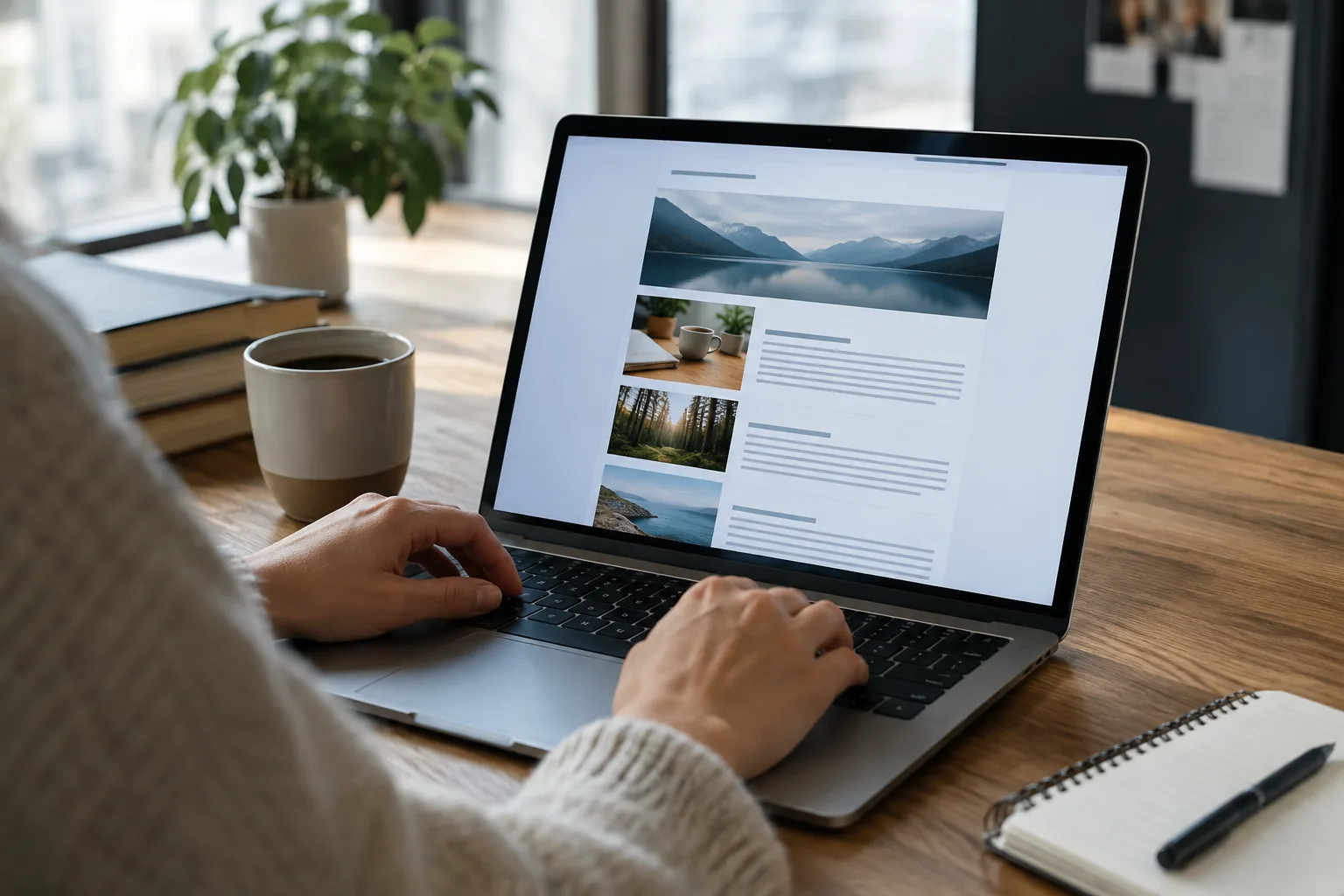 Une personne consulte une newsletter sur un ordinateur portable, à côté d’un carnet ouvert.